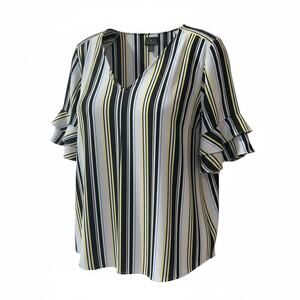 Worthington XL Striped Blouse Ruffle Sleeve V Neck Black Yellow Top
